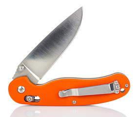 Open folding pocket knife with matte blade and textured bright orange composite plastic cover plates on steel handle isolated on white background with reflection on glossy surface. Pocket knife image