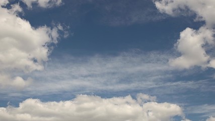 Clear blue sky with cumulus clouds that stand still and cirrus clouds that float. Joyful mood. High pressure and difference in movement in the atmosphere. Ecology of clean air. Weather forecast
