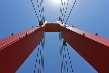 太陽に照らされた橋の支柱を下から見た風景