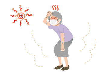 マスクをして熱中症でしんどそうなおばあちゃんのイラスト