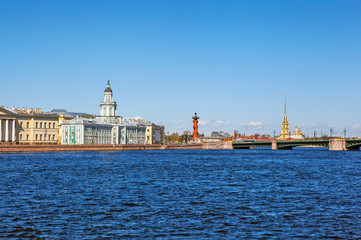 Fototapeta na wymiar View of the Kunstkamera, the arrow of Vasilyevsky Island and the Peter and Paul Fortress. St. Petersburg. Russia