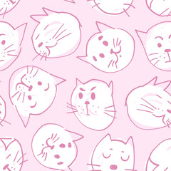 Cute seamless hand drawn vector pattern with cats in various mood muzzles on pink background. Funny illustration for wallpaper, wrapping paper, coverage, textile, fabric, print and other design.