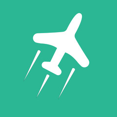 Flat icon white airplane isolated on blue sky background. Vector illustration