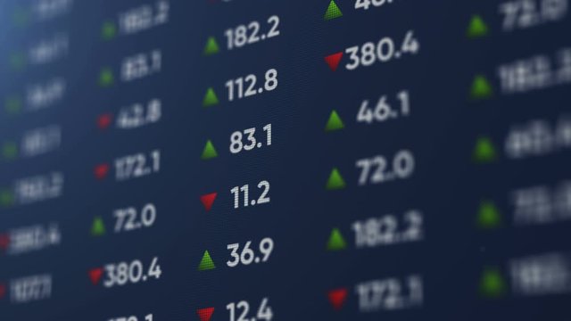 Digital screen with stats, number of sales, percentage, growth and decline. Abstract financial background