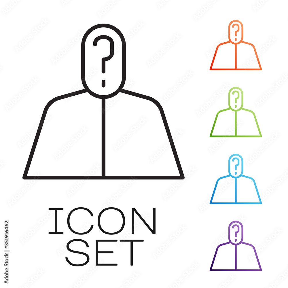 Poster black line anonymous man with question mark icon isolated on white background. unknown user, incogni