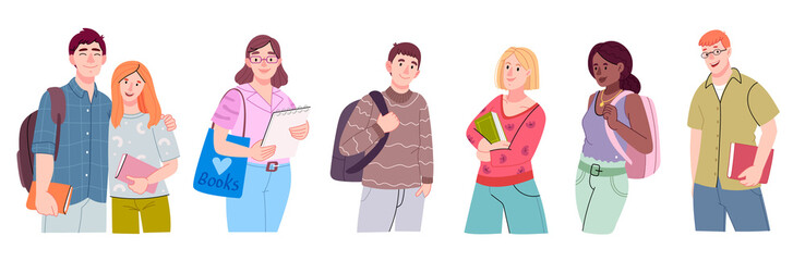 Group of multicultural students.Happy  teenage boys and girls or school friends in casual clothes.Happy students isolated on white background. Flat cartoon vector illustration.