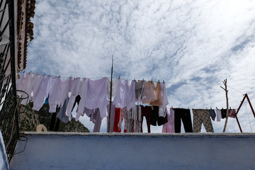Roof and drying linen in Chefchaouen city,Morocco.