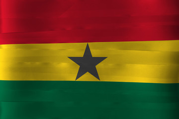 Colorful ribbon as Ghana national flag, horizontal triband of red gold and green with star.