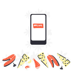 llustration of mobile gadget with different food. Food delivery, internet shopping concepts. Vector hand drawn illustration