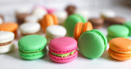 Confectionery French almond flour pasta dessert. Bright colorful dessert.