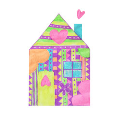 Colorful house illustration in childish style hand drawn with gel pens. 