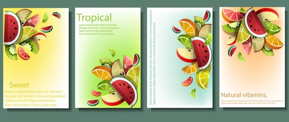 Fototapeta na wymiar Set of 3D fruit slices. Abstract composition of ripe limes, grapefruits, oranges, lemons, watermelons, kiwis, and apples. Design for decoration. Stock vector.