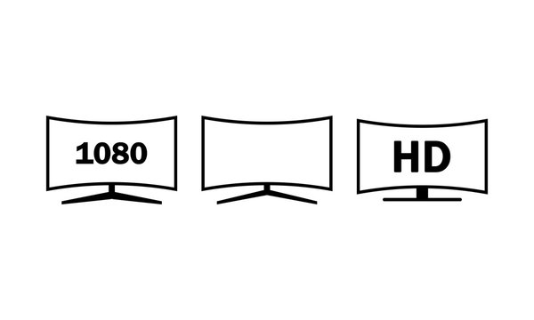 4k ultra hd curved screen tv icon set on isolated white background. EPS 10 vector.