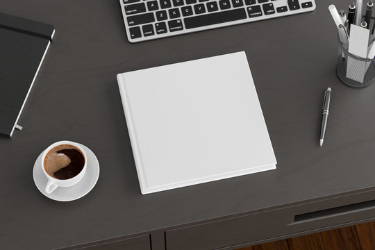 Square book cover mock up. Workspace on black wooden desk with cup of coffee. Side view. 3d render