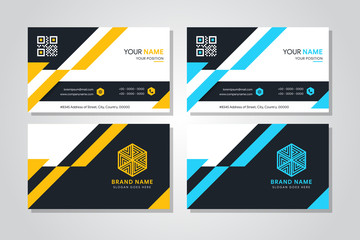 Vector creative business card template with blue and orange triangles and diagonal strip for business, technology. Simple and clean design with a logo. Creative layout corporate identity.