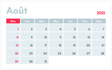 Calendrier de Aout 2021 (August 2021 calendar in french) vector illustration for prints, templates and banners.
