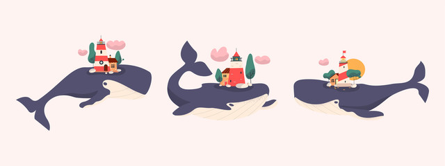 Set of cute cartoon whales with lighthouses. Trendy vector illustration.