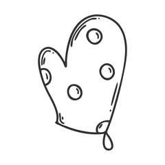 Potholder-mitten. Polka dot pattern. Kitchen inventory. Element for menu design, recipes, food packaging, and cooking magazines. Hand-drawn and isolated on a white background.Black-white vector.
