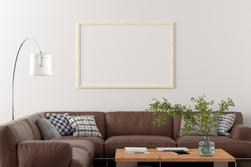 Blank horizontal poster frame on white wall in interior of living room with clipping path around poster. 3d illustration