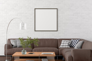 Blank square poster frame on white brick wall in interior of living room with clipping path around poster. 3d illustration