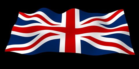 Waving flag of the Great Britain on dark background. British flag. United Kingdom of Great Britain and Northern Ireland. State symbol of the UK. 3D illustration