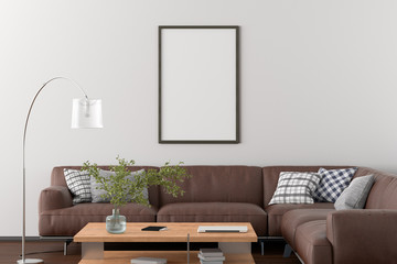 Blank vertical poster frame on white wall in interior of living room with clipping path around poster. 3d illustration