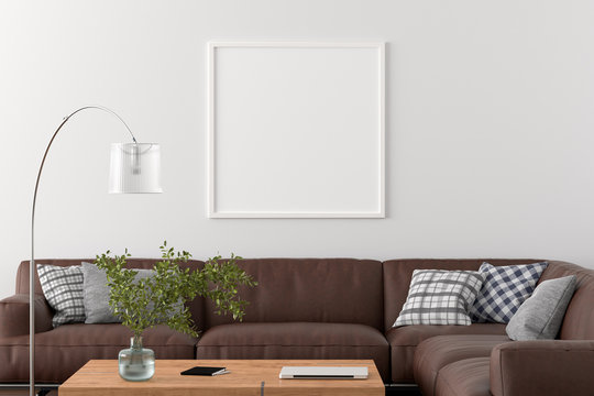 Blank square poster frame on white wall in interior of living room with clipping path around poster. 3d illustration