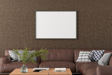 Blank horizontal poster frame on brown concrete wall in interior of living room with clipping path around poster. 3d illustration