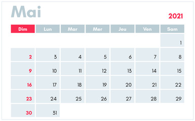 Calendrier de Mai 2021 (May 2021 calendar in french) vector illustration for prints, templates and banners.