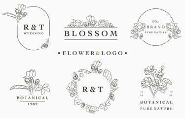 flower logo collection with leaves,geometric,circle frame.Vector illustration for icon,logo,sticker,printable and tattoo