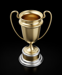 Award Cup. Golden sports prize standing on reflective black background. 3D rendering graphics on the theme of the Sports Games.