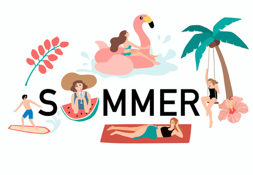 Collection of summer background set with people,watermelon,beach,coconut tree.Editable vector illustration for invitation,postcard and website banner.Hello summer