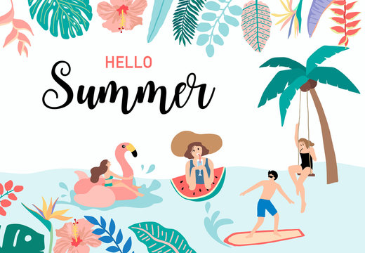 Collection of summer background set with people,watermelon,beach,coconut tree.Editable vector illustration for invitation,postcard and website banner.Hello summer