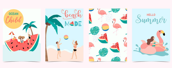 Collection of summer background set with people,watermelon,beach,coconut tree.Editable vector illustration for invitation,postcard and website banner.Hello summer © piixypeach