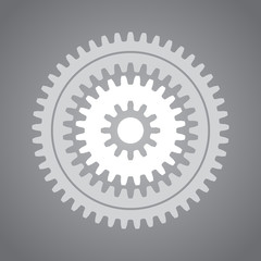 White mechanical gear & cogwheel set, small and large, arranged on a gradient gray background. Vector illustration.