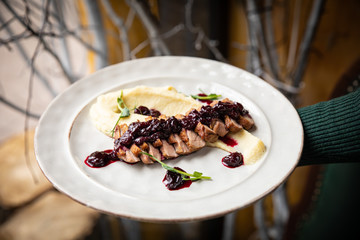 Grilled marbled meat steak in restaurant  