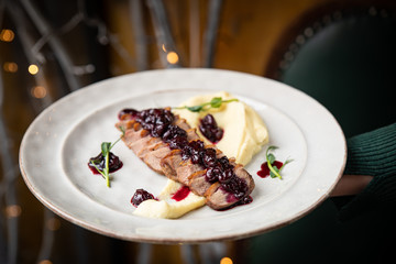 Grilled marbled meat steak in restaurant  