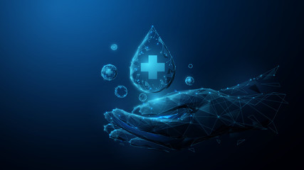 Washing hands with soap to prevent virus and bacteria. Hand washing icon from lines, triangles, particle, low poly and wireframe design. Vector illustration