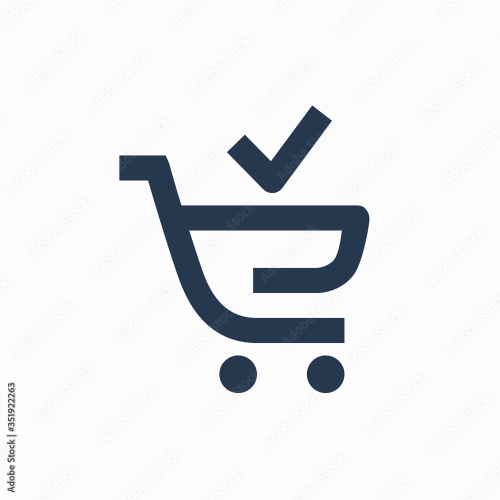 Poster shopping cart with tick line vector minimalistic icon. commerce vector symbol. supermarket done cart