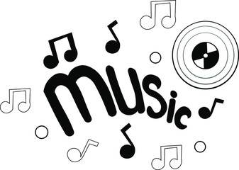 music hand lettering, with notes and a vinyl record. in black and white. vector illustration.
