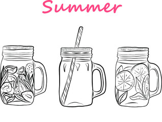 Three glass drinking jars doodle style. Hand drawn line art vector illustration. Summer lemonades with fruits and berries.