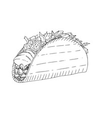 Taco doodle. Hand drawn line art vector illustration. Transparent isolated on white background. 