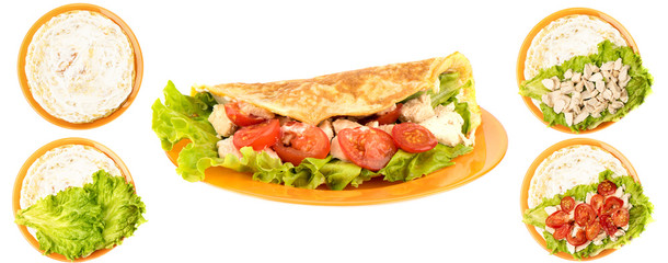 Ready-made oat pancake stuffed with lettuce, chicken fillet and tomatoes.