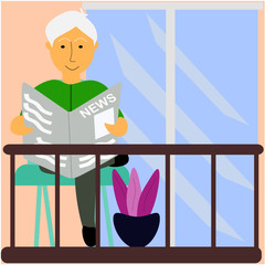 Old man sitting on balcony and reading newspaper about virus- self quarantine- self isolation- staying home- due to spreading of coronavirus, covid-19, 2019-Ncov.