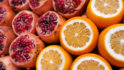 Sliced pomegranate fruits at the bazaar of Turkey.