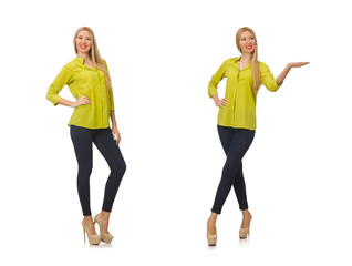 Fototapeta premium Woman in yellow shirt isolated on white