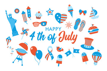 4th of July, Independence Day of the United States, greeting card design. Flat style cartoon vector illustration