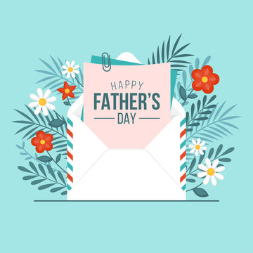 Happy Fathers Day Greeting Card Design With Envelope And Flowers. Vector Illustration
