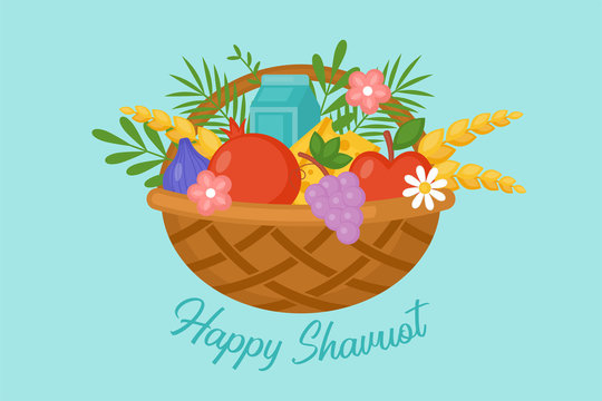 Jewish holiday shavuot greeting card with fruit basket, wheat and milk. Vector illustration