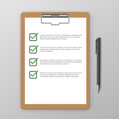 Questionnaire. Check list on clipboard is next to pen in realistic style. Planner with tick marks.